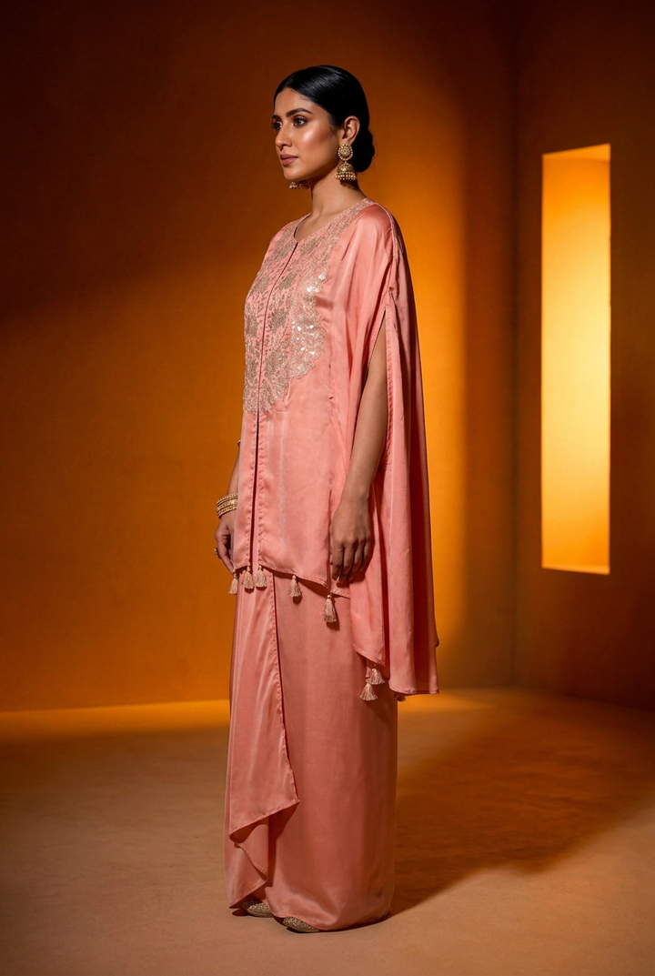 Satin Indowestern With Aari Work.