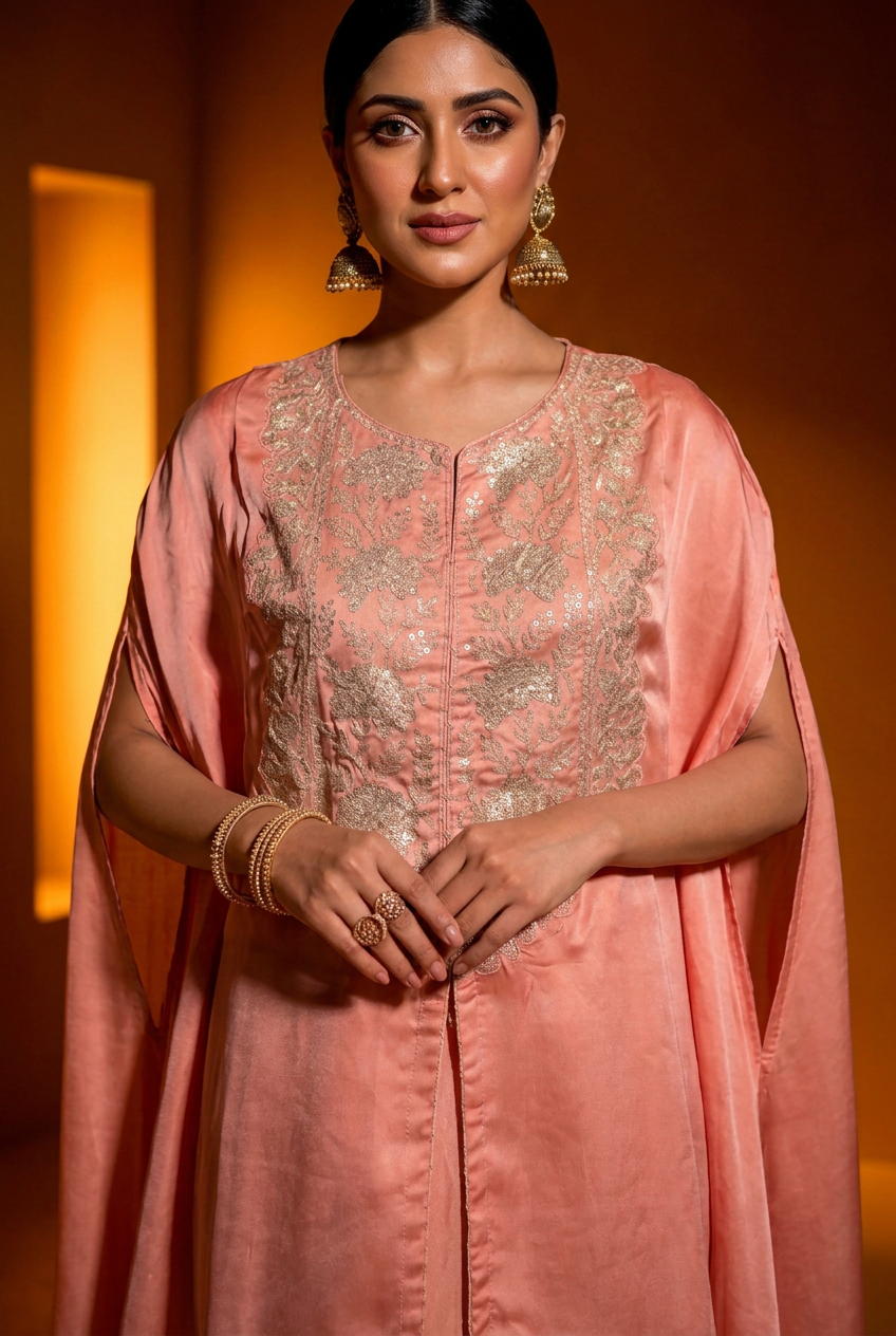 Satin Indowestern With Aari Work.