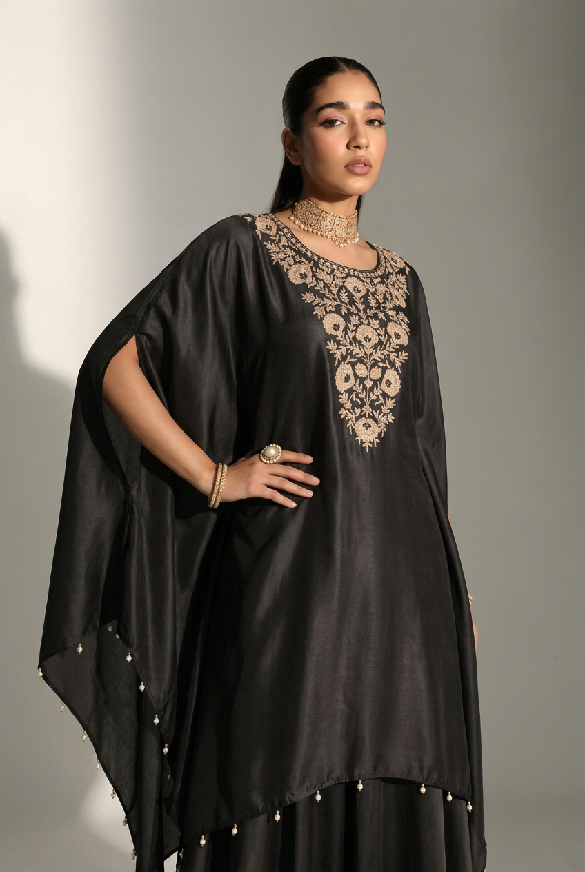 silk Indowestern with Aari work.