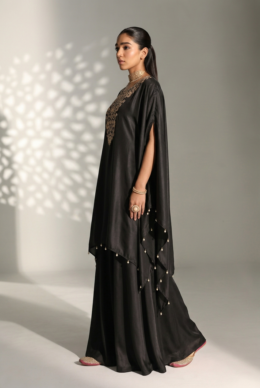 silk Indowestern with Aari work.