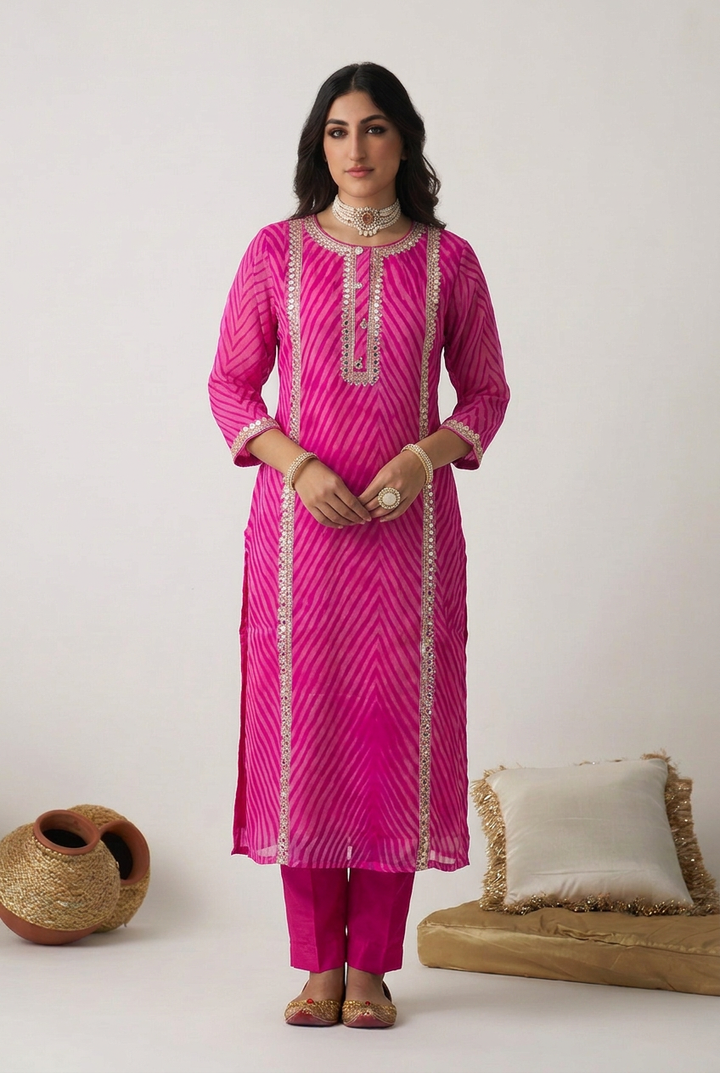 Leheriya Organza Suit with Aari,  Mirror work.