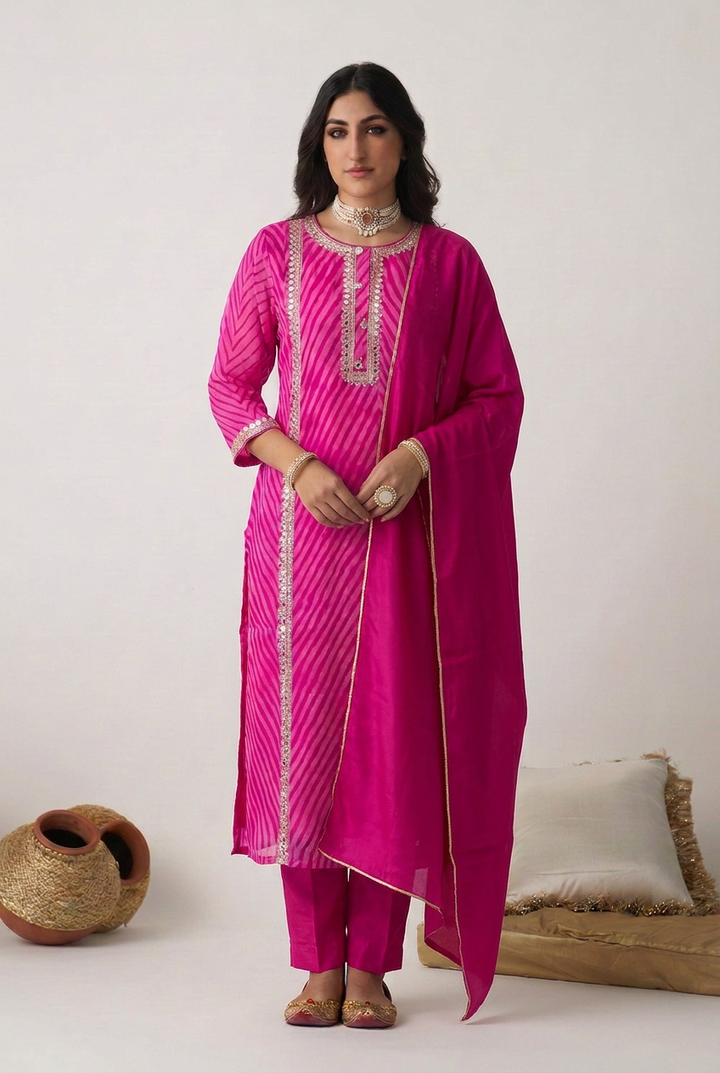 Leheriya Shimmer Tissue Suit with Aari,  Mirror work.
