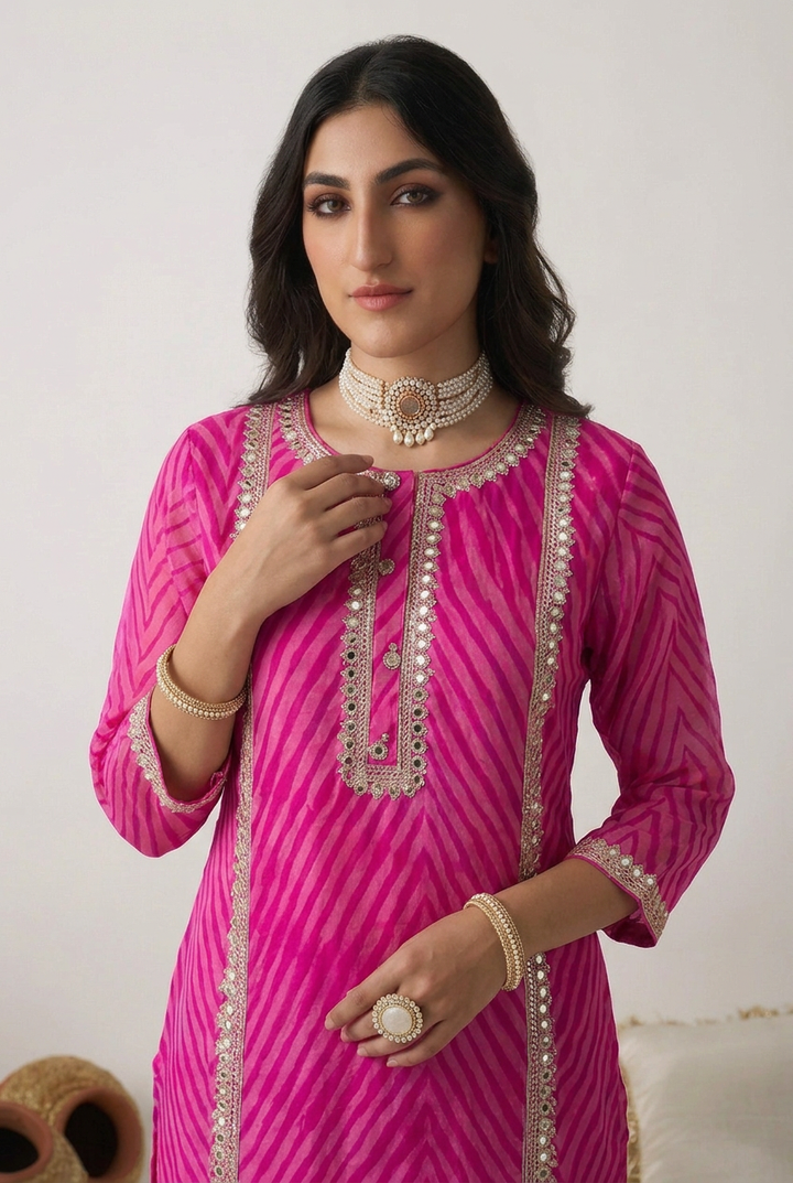 Leheriya Organza Suit with Aari,  Mirror work.