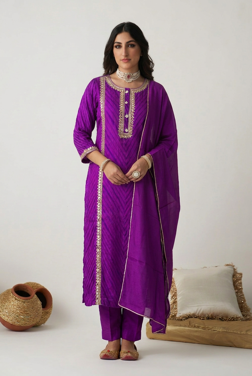 Leheriya Organza Suit with Aari,  Mirror work.
