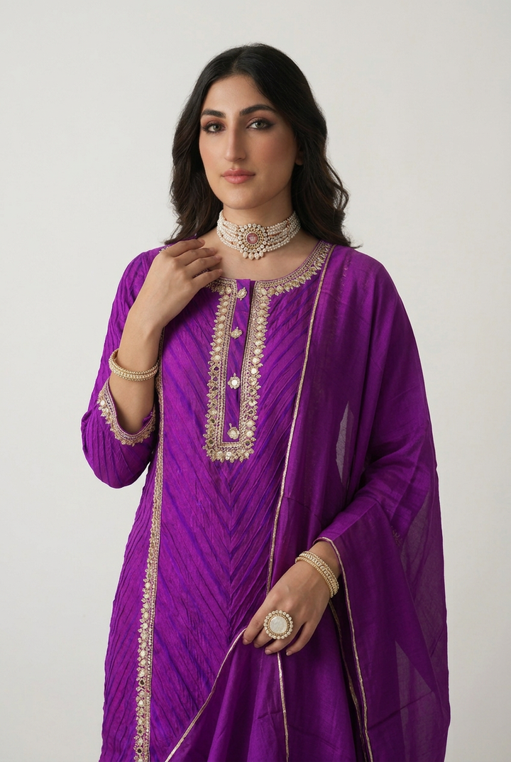 Leheriya Organza Suit with Aari,  Mirror work.
