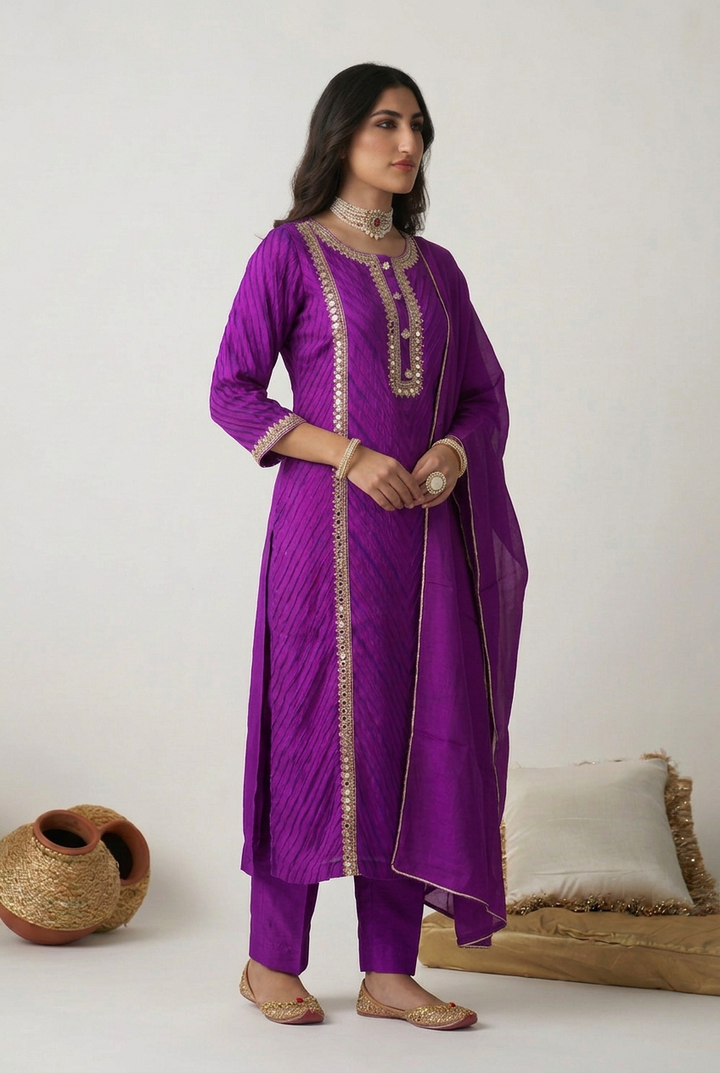 Leheriya Organza Suit with Aari,  Mirror work.