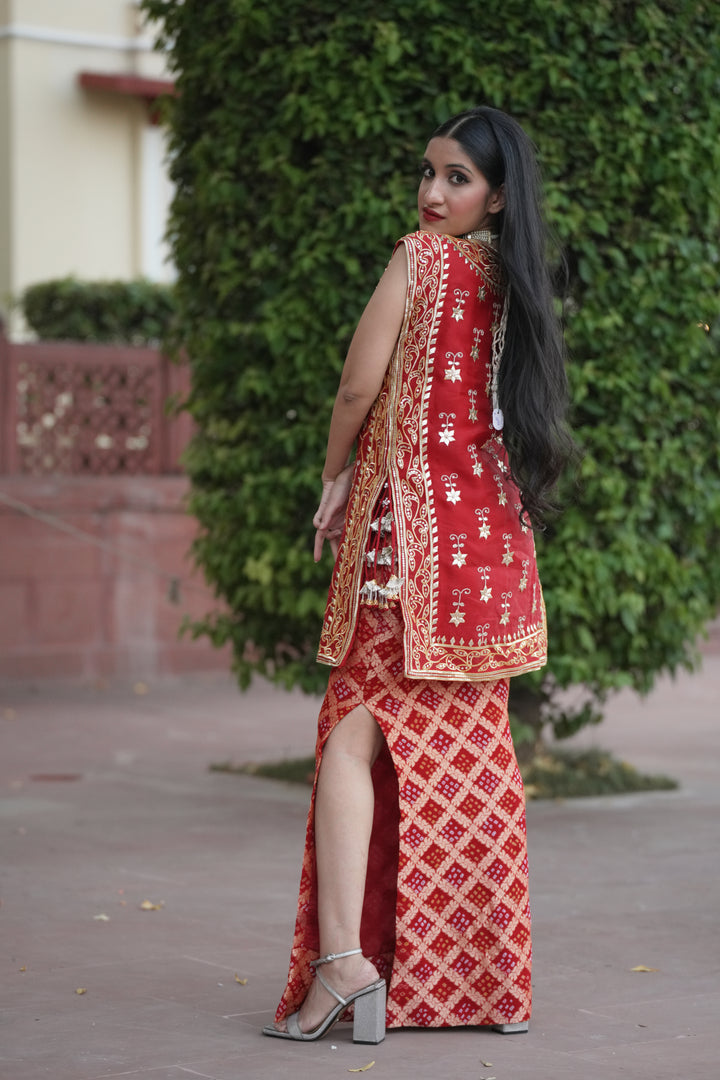 Bandhej Organza Indowestern with  Gota Patti work.