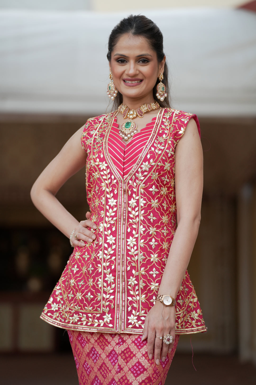 Bandhej Organza Indowestern with  Gota Patti work.