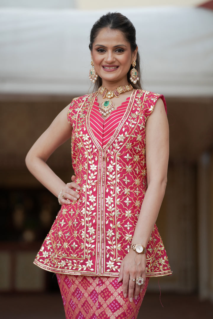 Bandhej Organza Indowestern with  Gota Patti work.