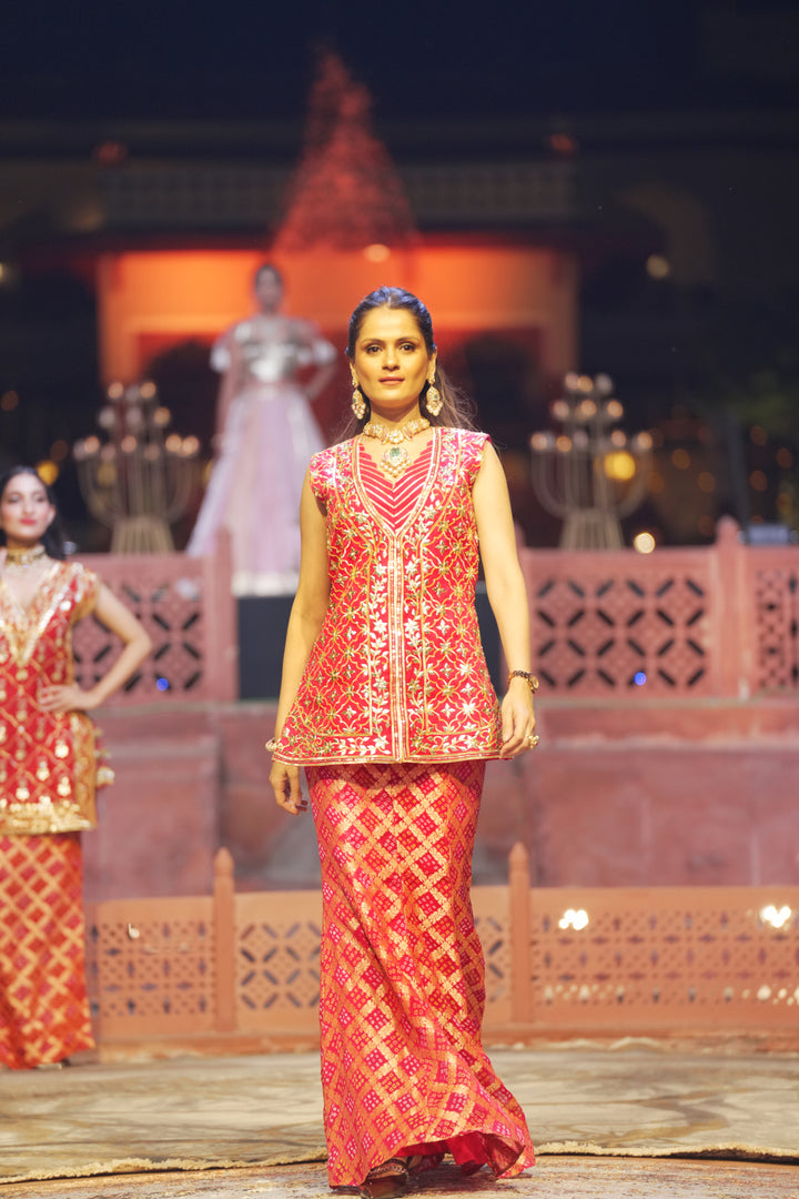 Bandhej Organza Indowestern with  Gota Patti work.