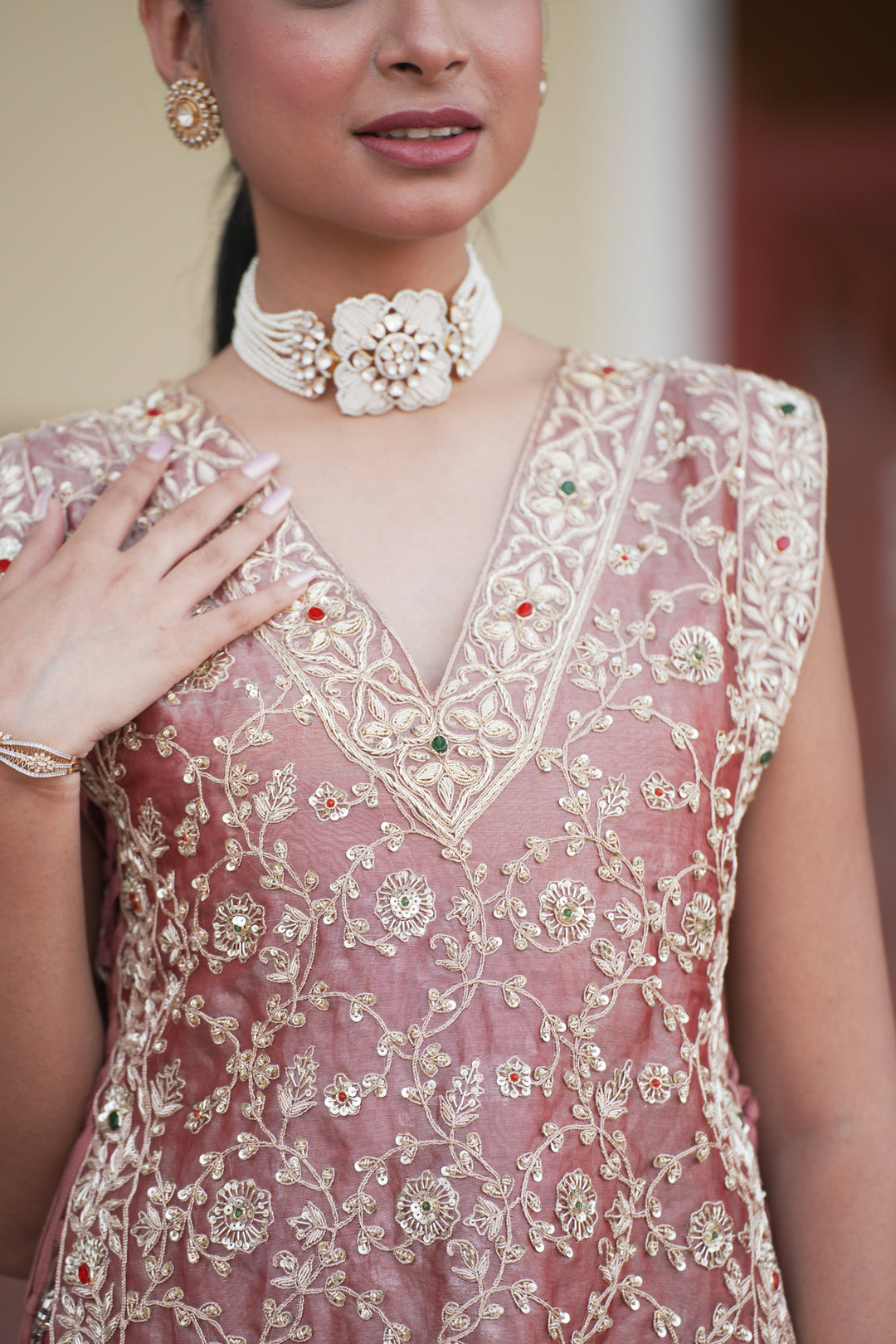Tissue Indowestern with Aari, Cutdana, Sequins, Stone, Zardozi work.