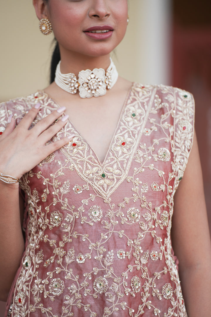 Tissue Indowestern with Aari, Cutdana, Sequins, Stone, Zardozi work.