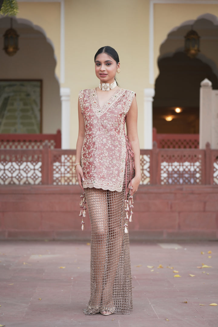 Tissue Indowestern with Aari, Cutdana, Sequins, Stone, Zardozi work.