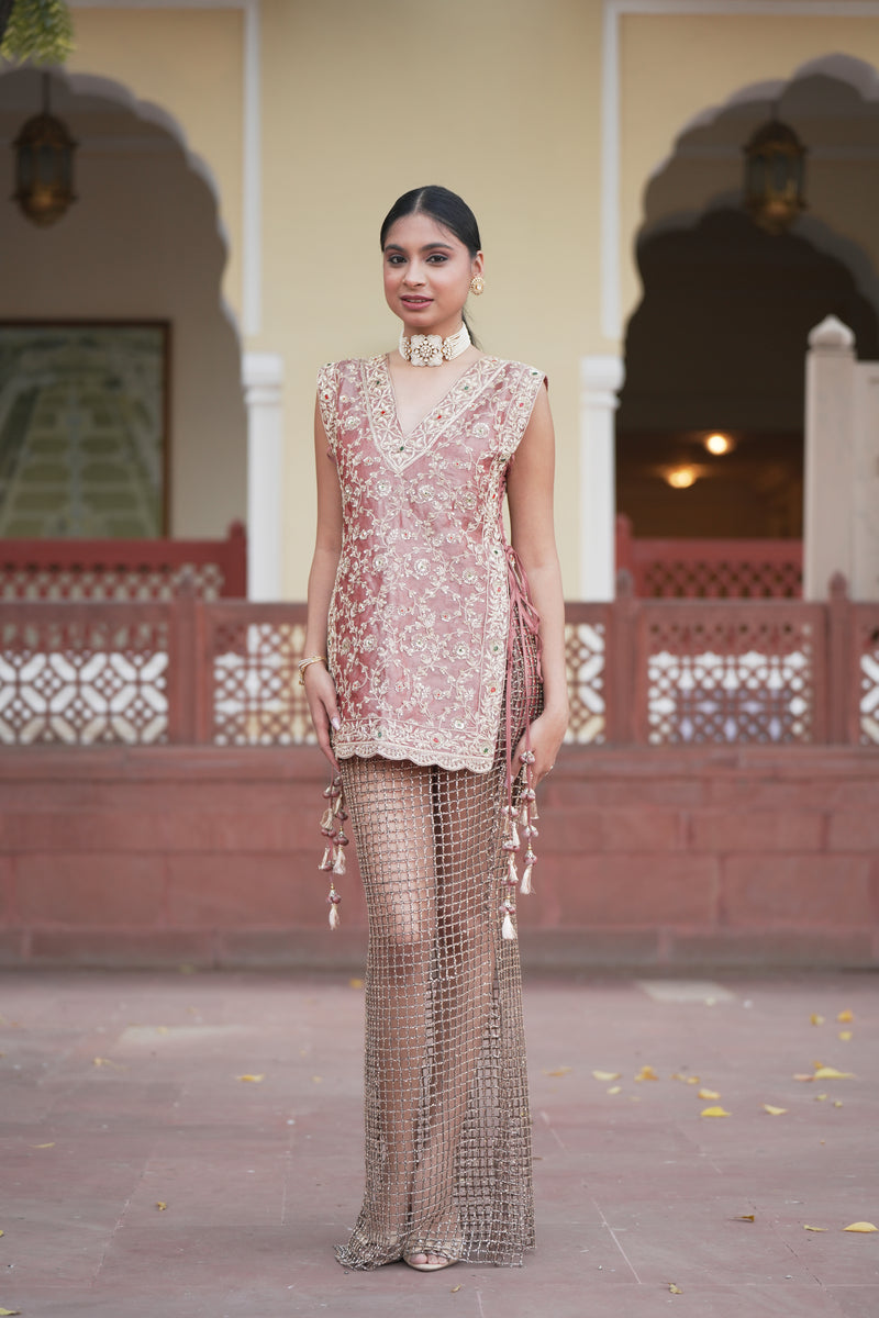 Tissue Indowestern with Aari, Cutdana, Sequins, Stone, Zardozi work.