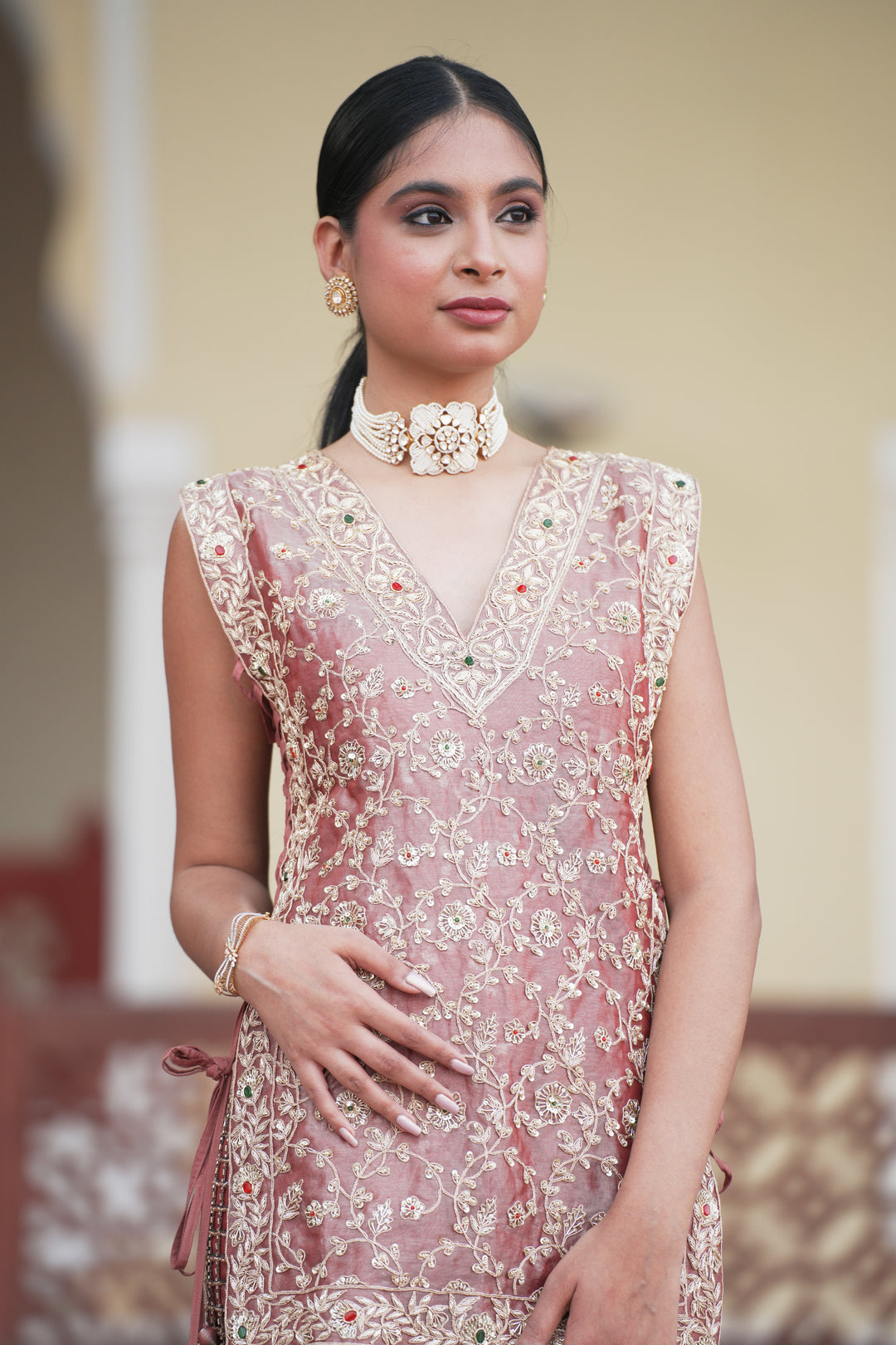 Tissue Indowestern with Aari, Cutdana, Sequins, Stone, Zardozi work.