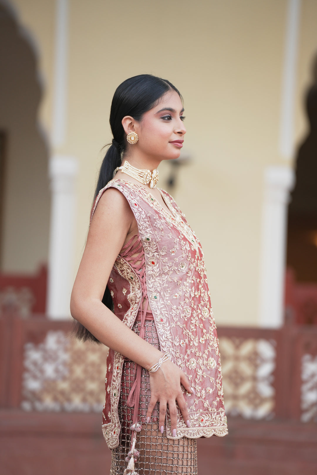 Tissue Indowestern with Aari, Cutdana, Sequins, Stone, Zardozi work.