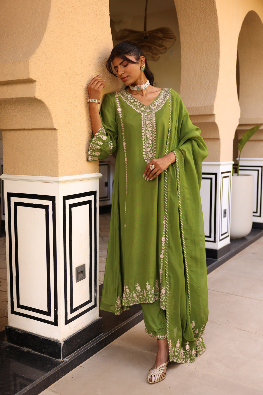 Silk Suit Set with Aari, Sequins work.