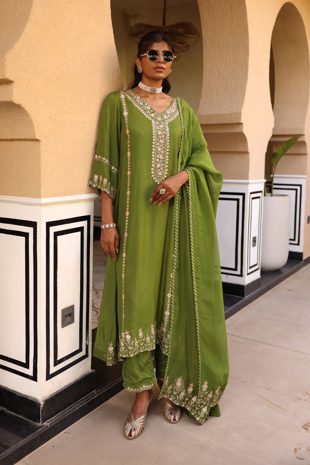 Silk Suit Set with Aari, Sequins work.