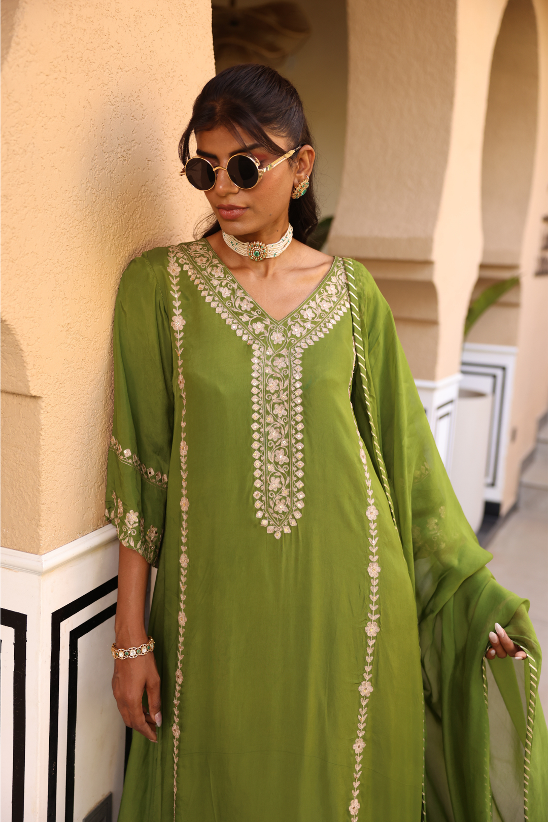 Silk Suit Set with Aari, Sequins work.