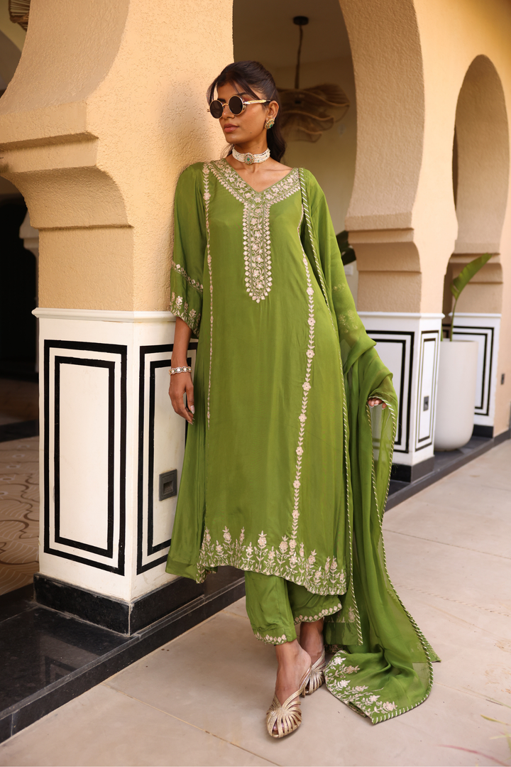 Silk Suit Set with Aari, Sequins work.