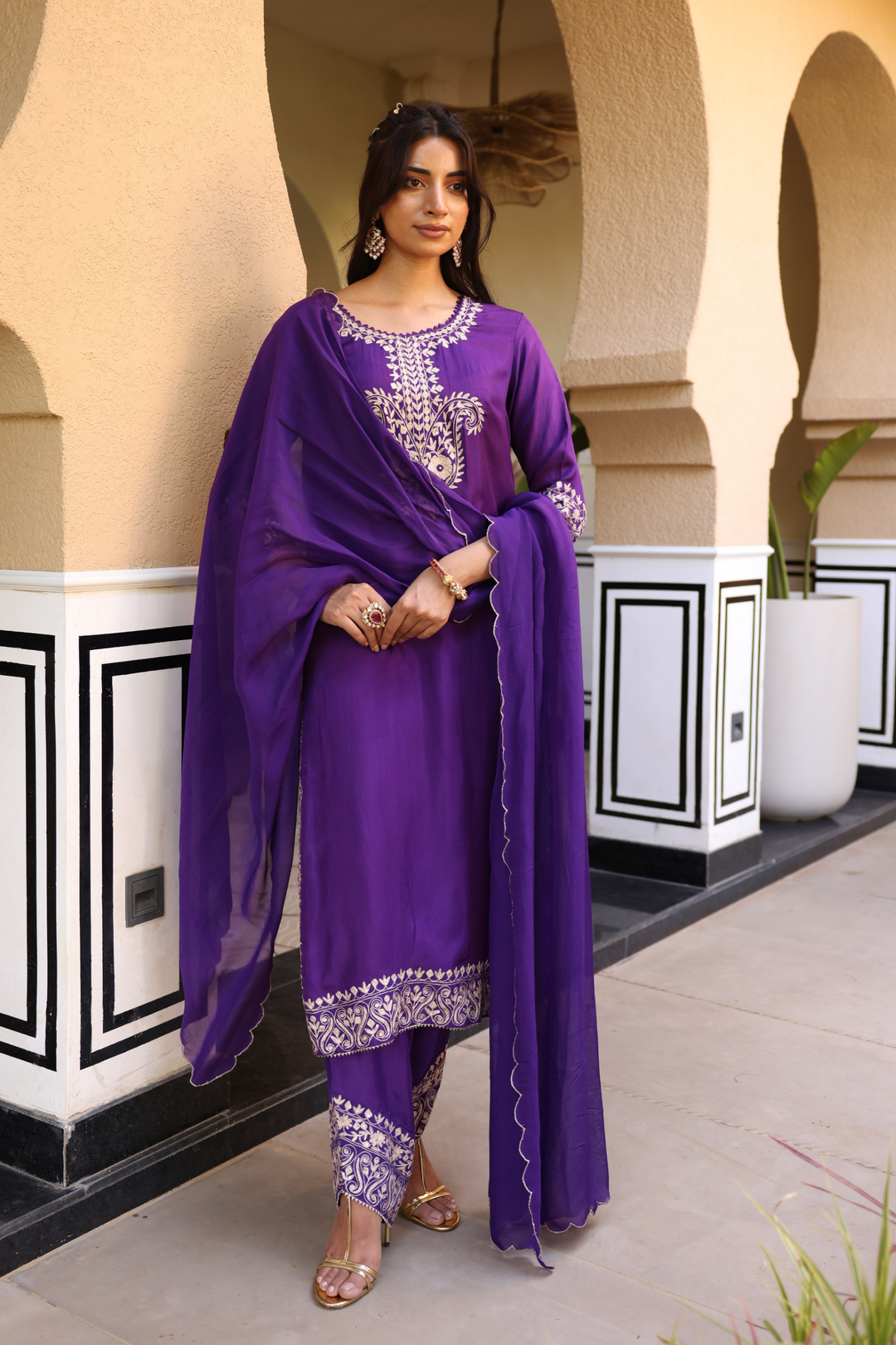 Silk Suit Set with Pittan work.