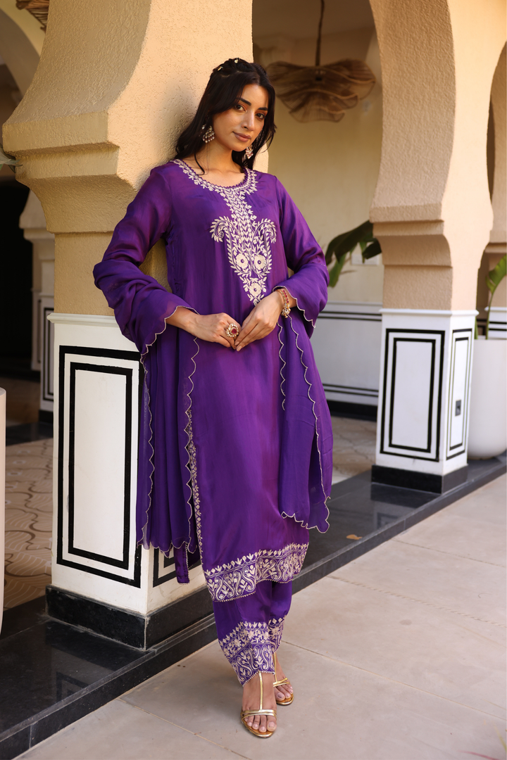 Silk Suit Set with Pittan work.