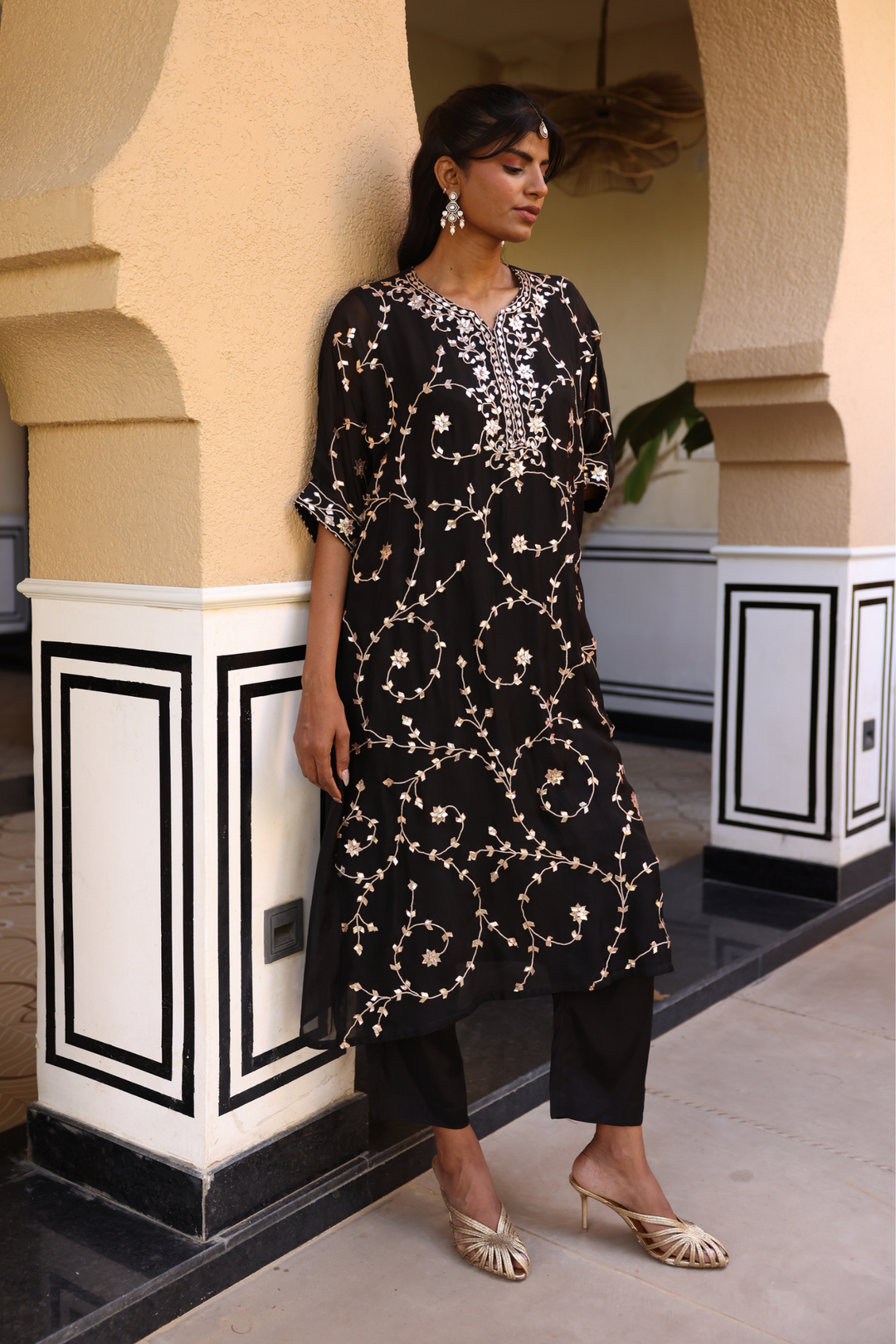 Satin organza Kaftan with Gota Patti work.