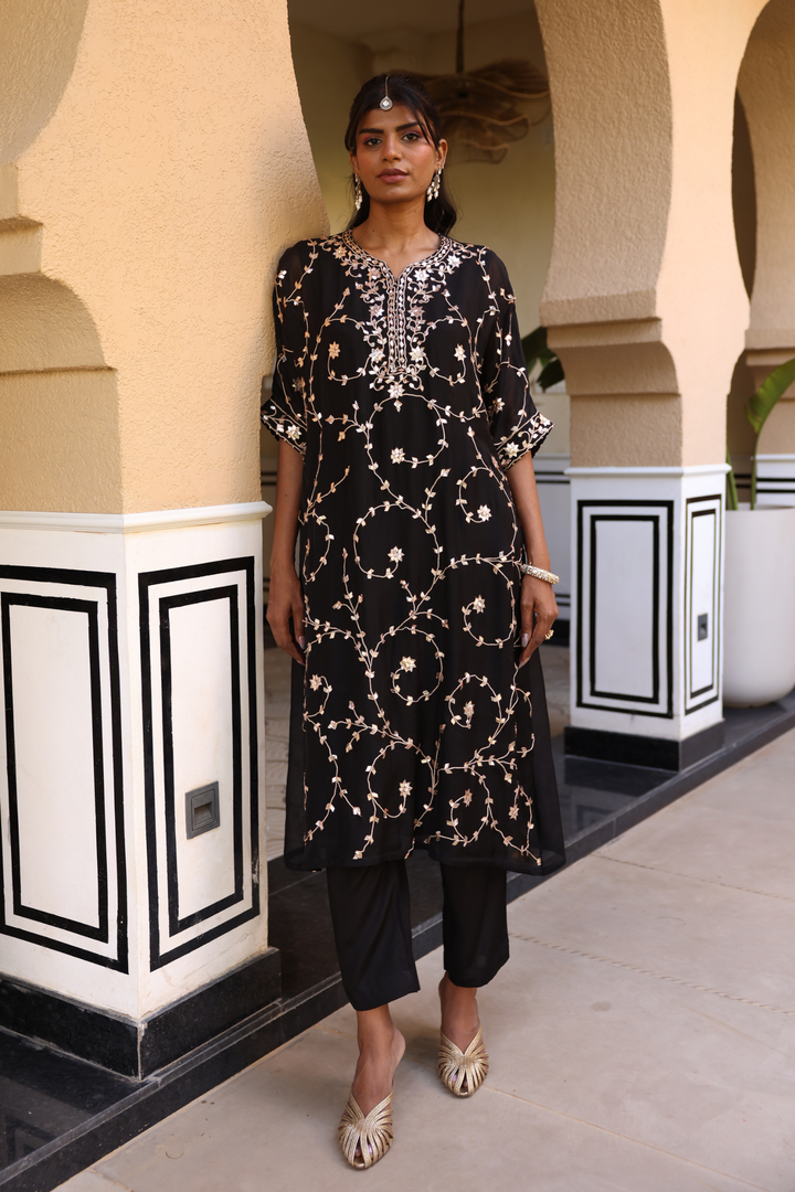 Black Satin Organza Kaftan 
