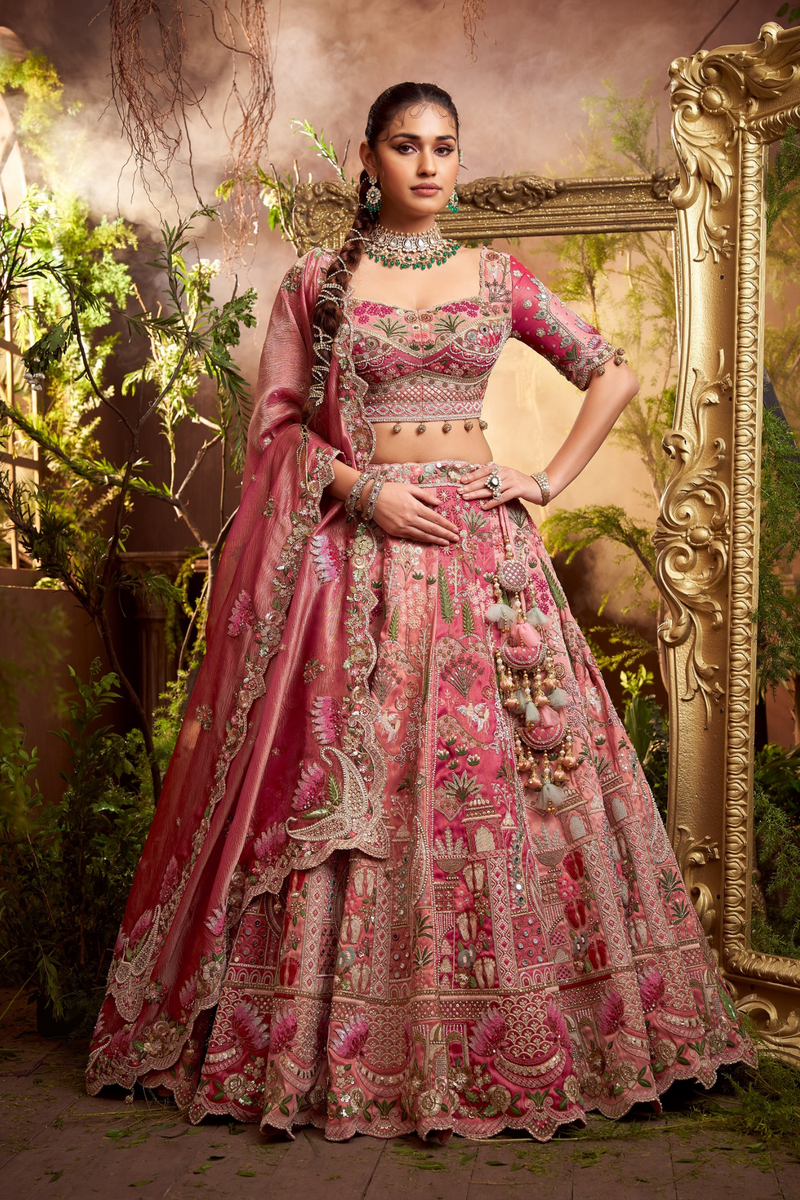 Tissue Lehenga with Zardozi And Thread Work
