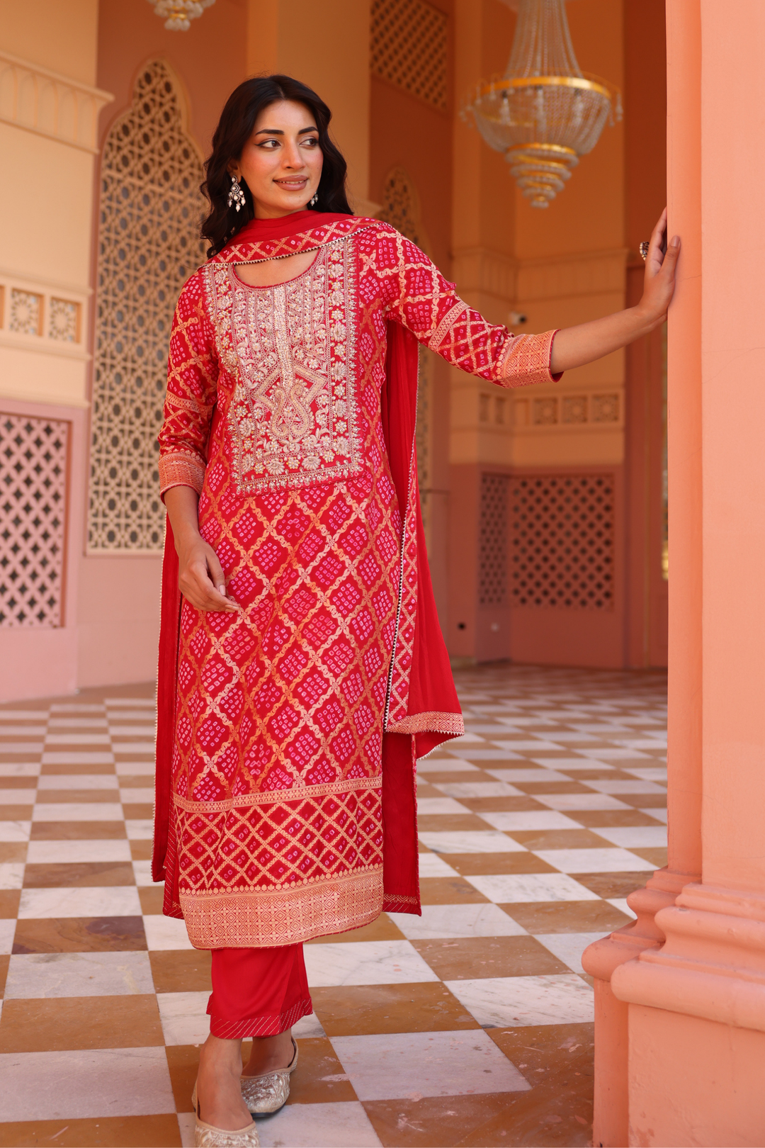 Pure Zari bandhej Suit Set with Dori, Gota Patti, Thread work.