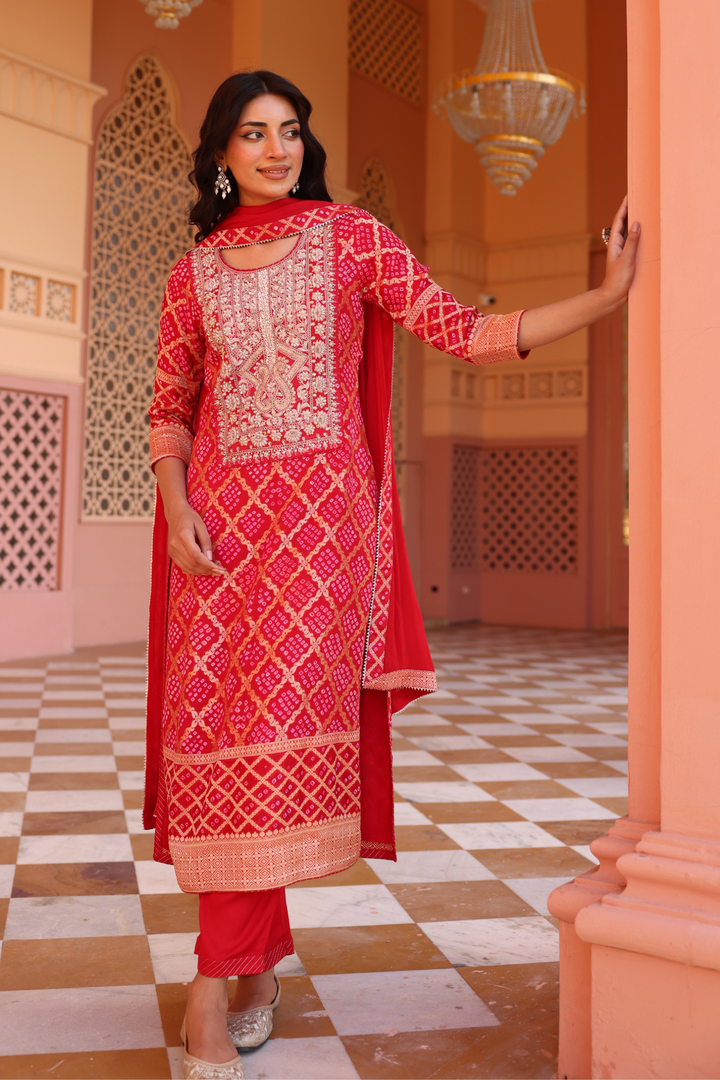 Pure Zari bandhej Suit Set with Dori, Gota Patti, Thread work.