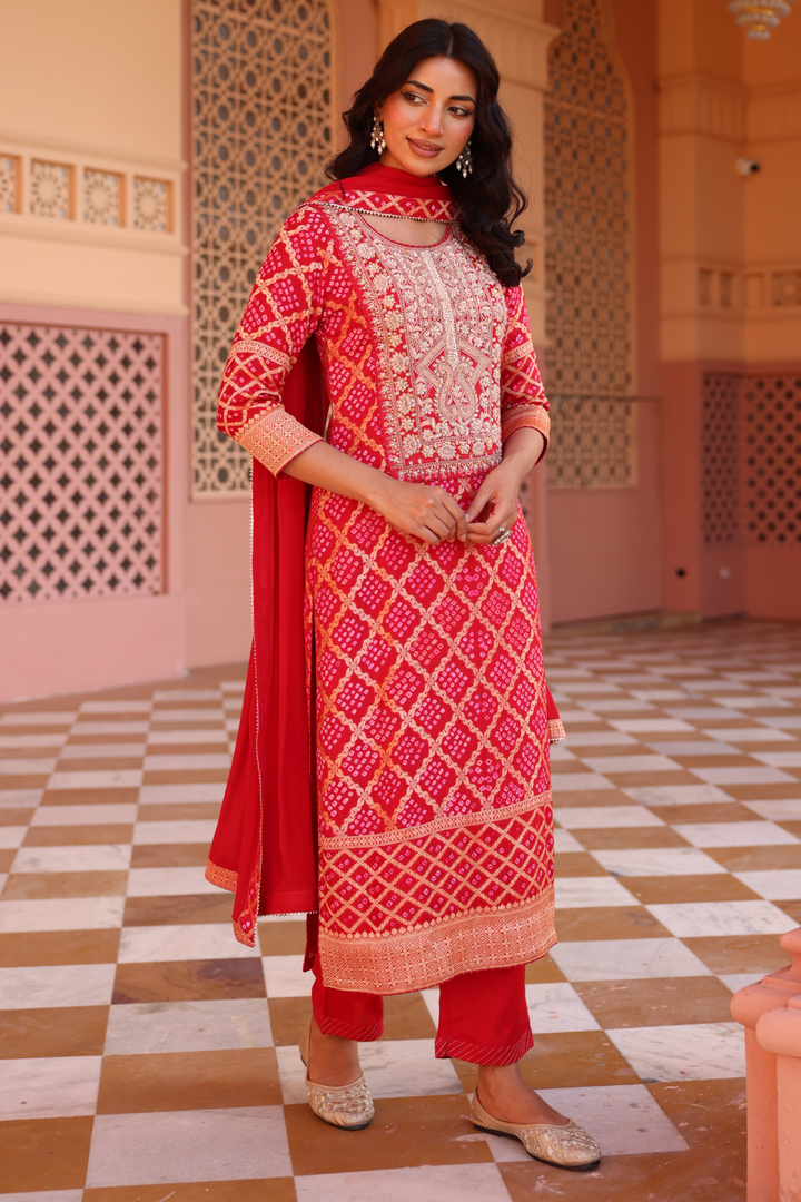 Pure Zari bandhej Suit Set with Dori, Gota Patti, Thread work.