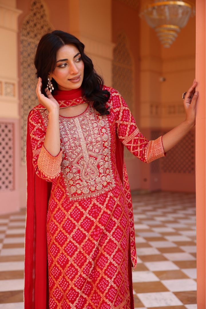 Pure Zari bandhej Suit Set with Dori, Gota Patti, Thread work.