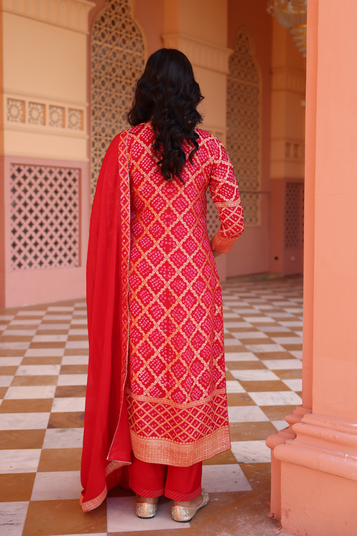 Pure Zari bandhej Suit Set with Dori, Gota Patti, Thread work.