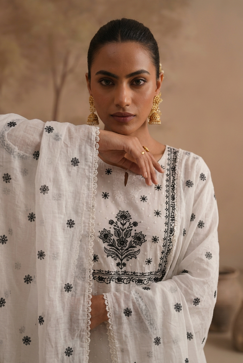 Cotton Kurta with Mirror, Thread work.