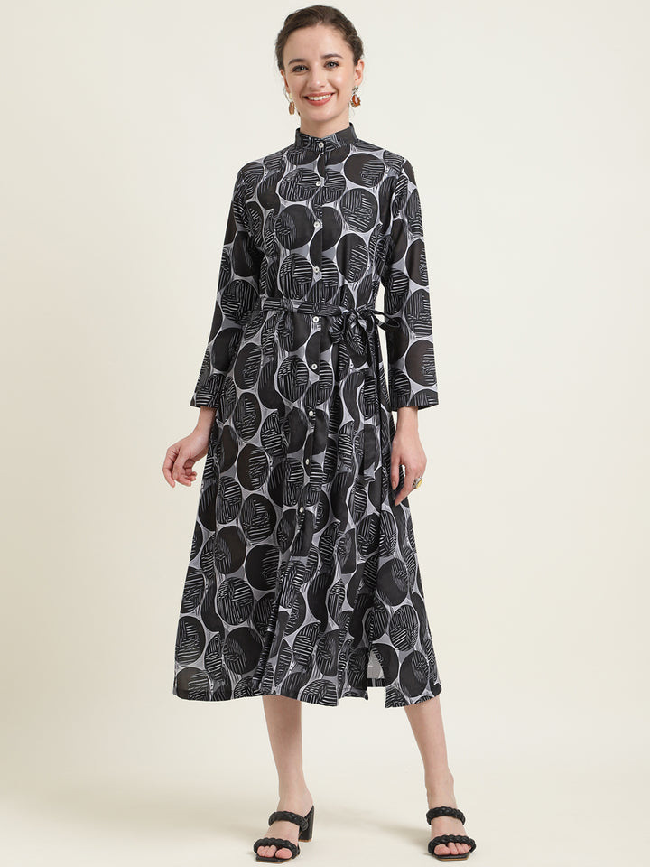 Printed Silk Blend Stand Collar Dress