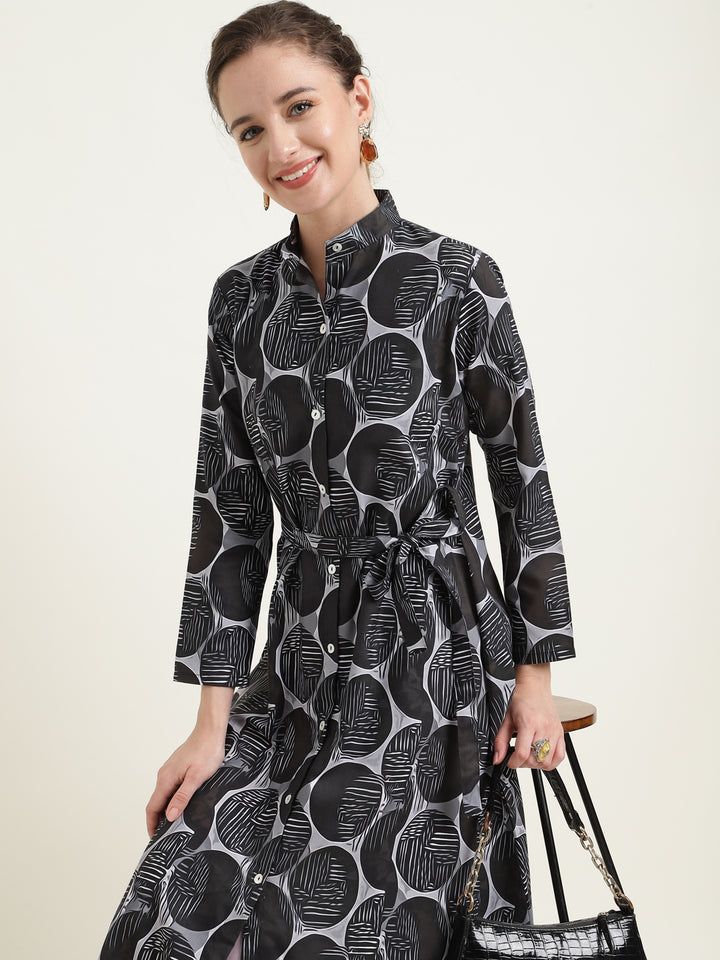 Printed Silk Blend Stand Collar Dress