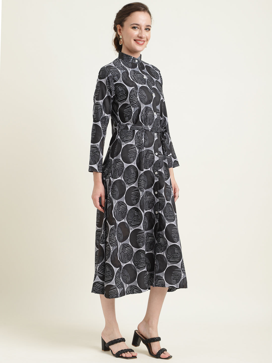 Printed Silk Blend Stand Collar Dress