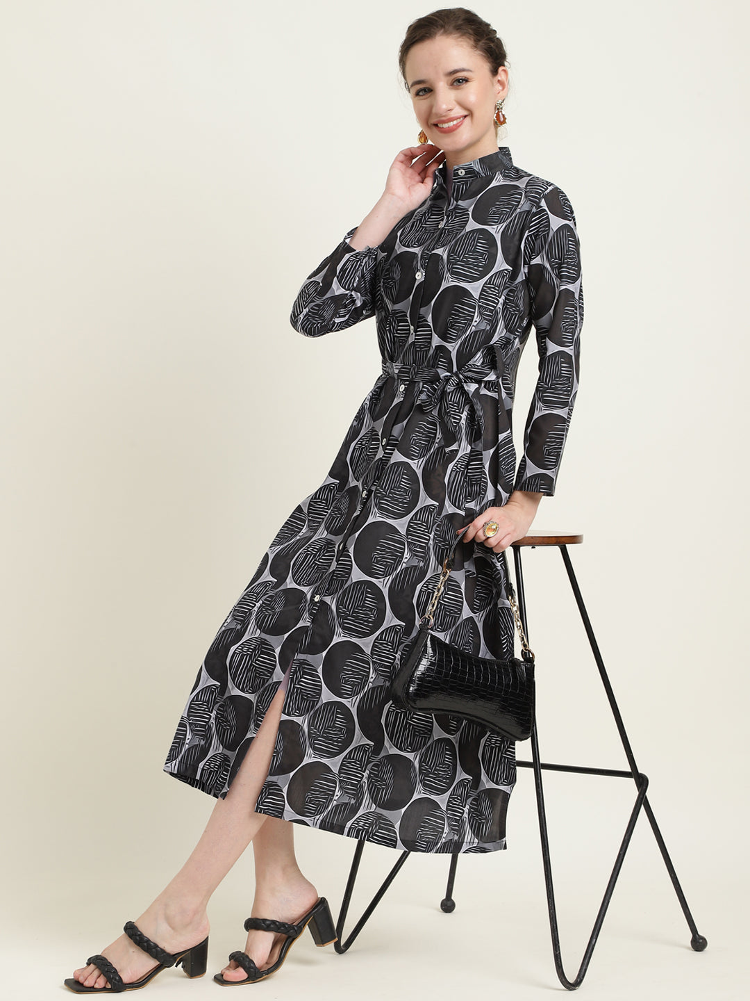 Printed Silk Blend Stand Collar Dress