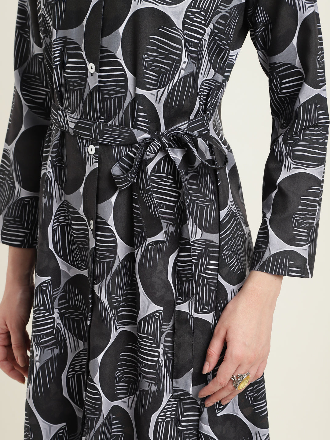 Printed Silk Blend Stand Collar Dress