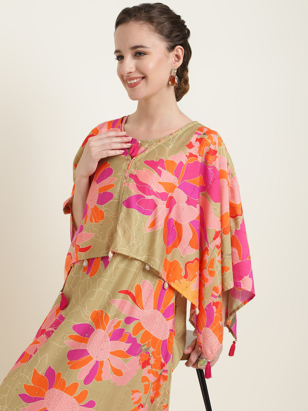 Printed Silk Blend Dress with Embroidered work