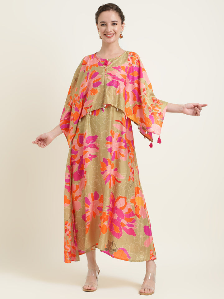 Printed Silk Blend Dress with Embroidered work