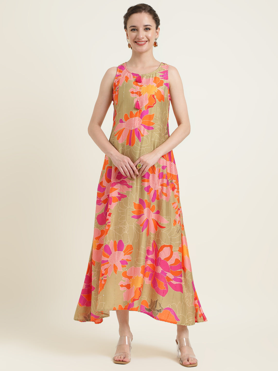 Printed Silk Blend Dress with Embroidered work