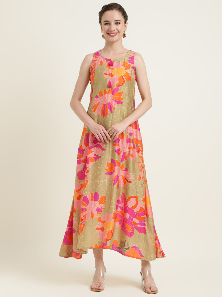 Printed Silk Blend Dress with Embroidered work