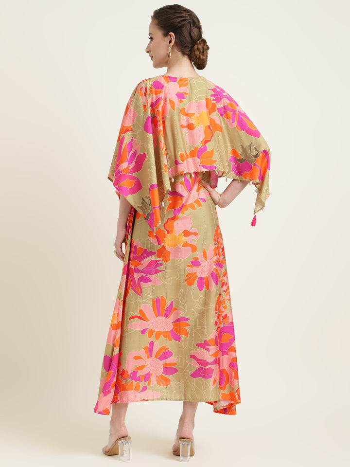 Printed Silk Blend Dress with Embroidered work
