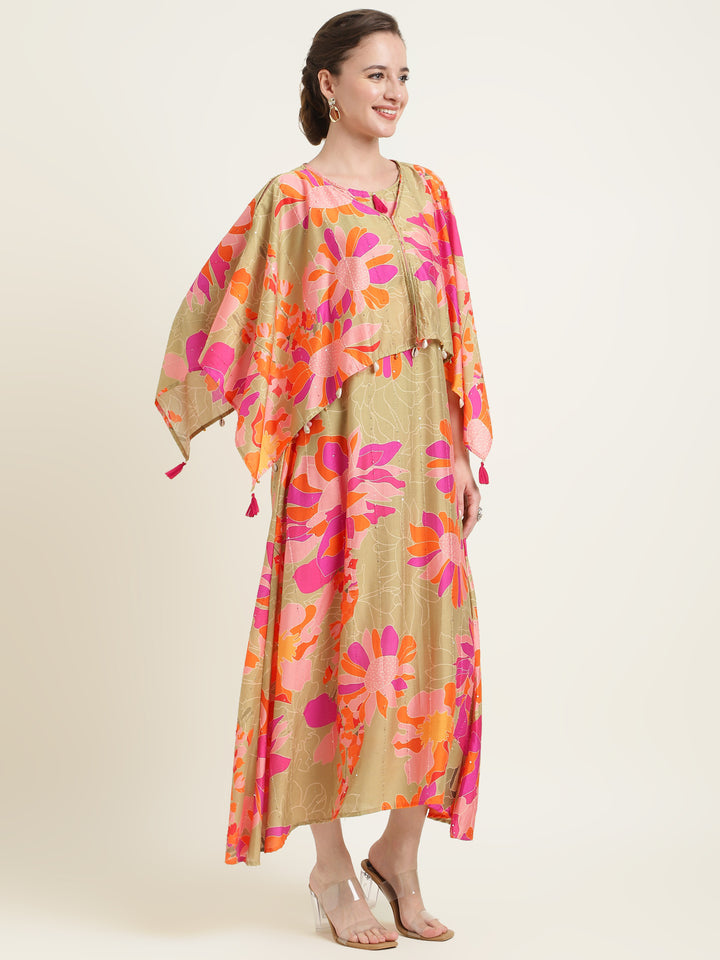 Printed Silk Blend Dress with Embroidered work