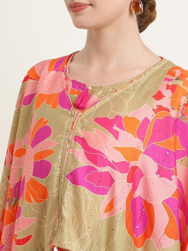 Printed Silk Blend Dress with Embroidered work