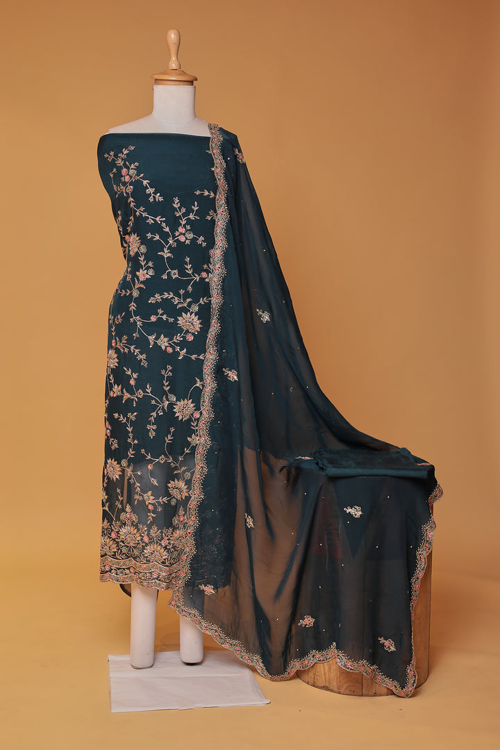 Organza Unstitched Suit with Aari, Thread and Zardozi work