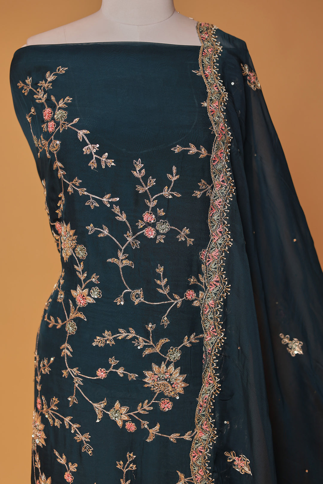 Organza Unstitched Suit with Aari, Thread and Zardozi work