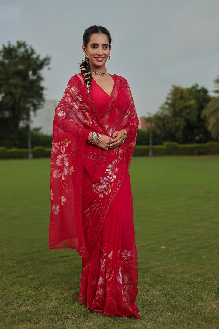 Foil Print Chiffon Saree with Swarovski work